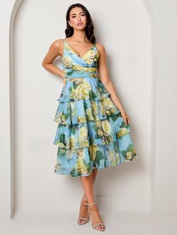 Chi Chi London Sleeveless Floral Print Tiered Midi Dress, Blue/Multi, Blue/Multi