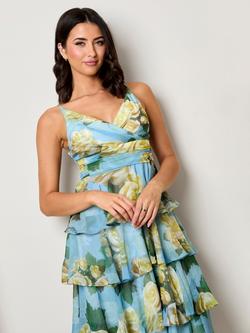 Chi Chi London Sleeveless Floral Print Tiered Midi Dress, Blue/Multi - view 2, Blue/Multi