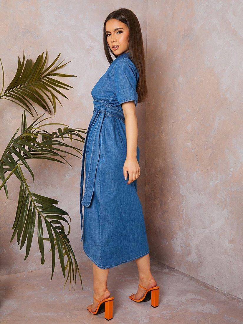 Product image 2 of 3, which shows Chi Chi London Denim Wrap Midi Dress, Blue, 6