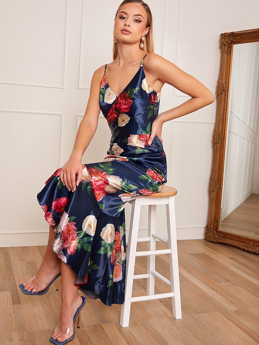 Chi Chi London Petite Floral Print Midi Dress Navy Multi