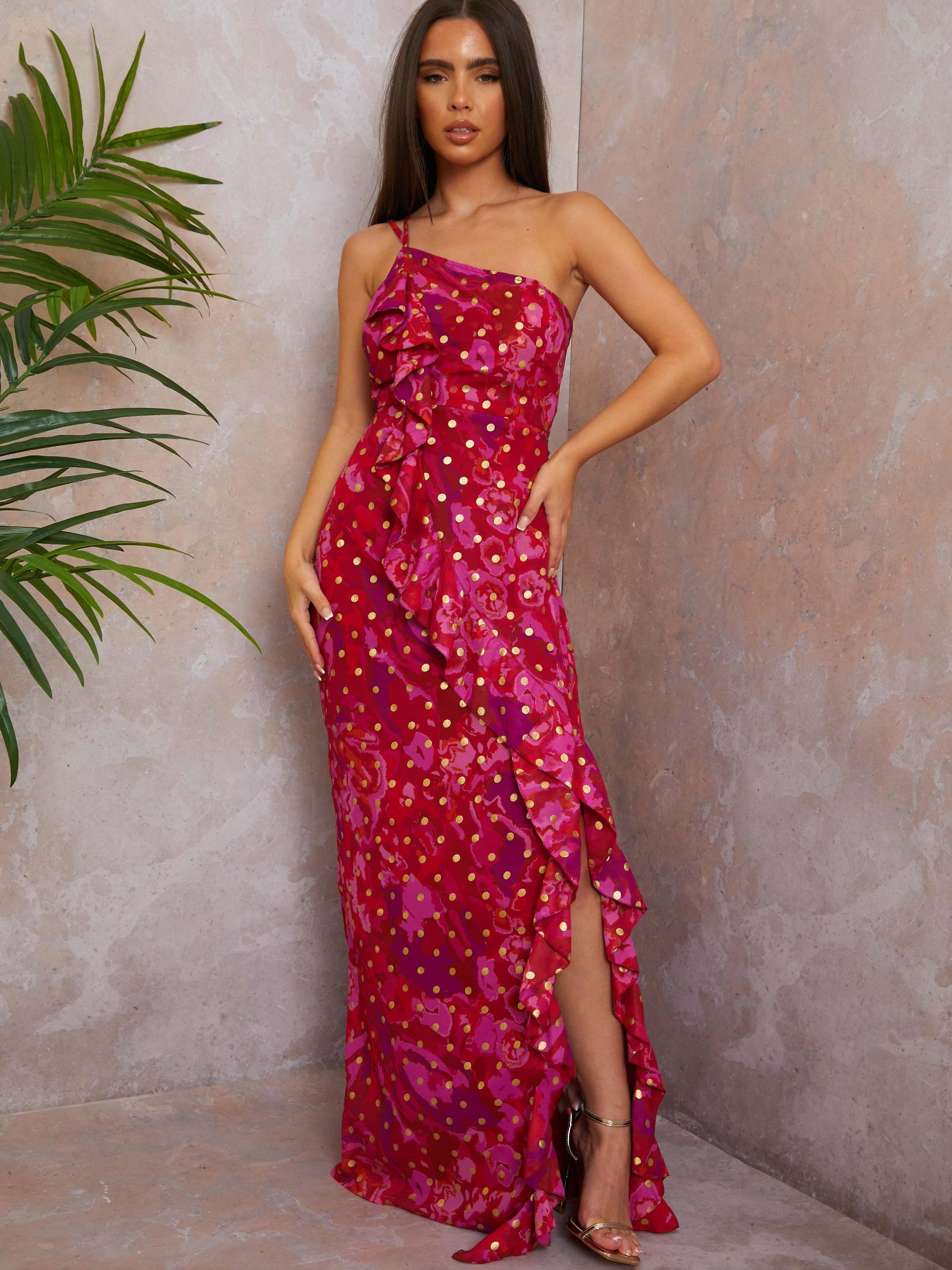 Product image 2 of 4, which shows Chi Chi London Ruffle Spot Asymmetric Dress, Berry/Multi, 6