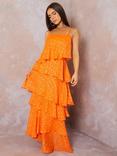 Chi Chi London Foil Spot Print Tiered Maxi Dress, Orange/Gold