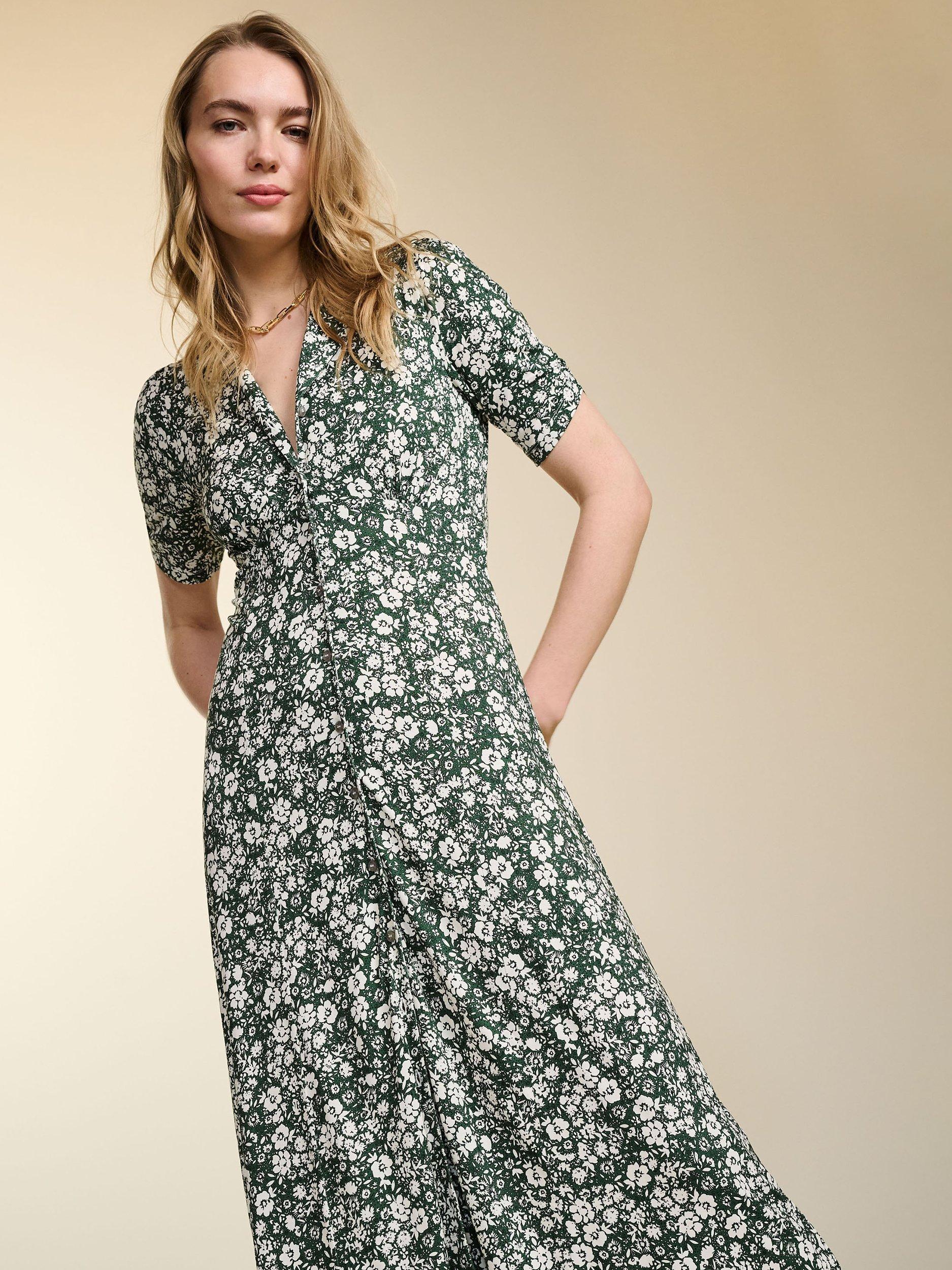 Green Ditsy Ditsy Blossom Midi Shirt Dress Baukjen Sabine Forest