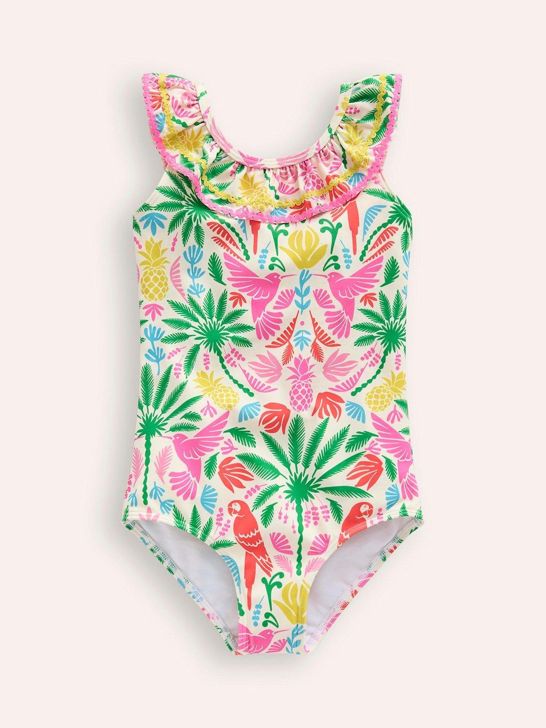 Mini Boden Kids' Frill Neck Palm and Bird Print Swimsuit, Multi Rainbow