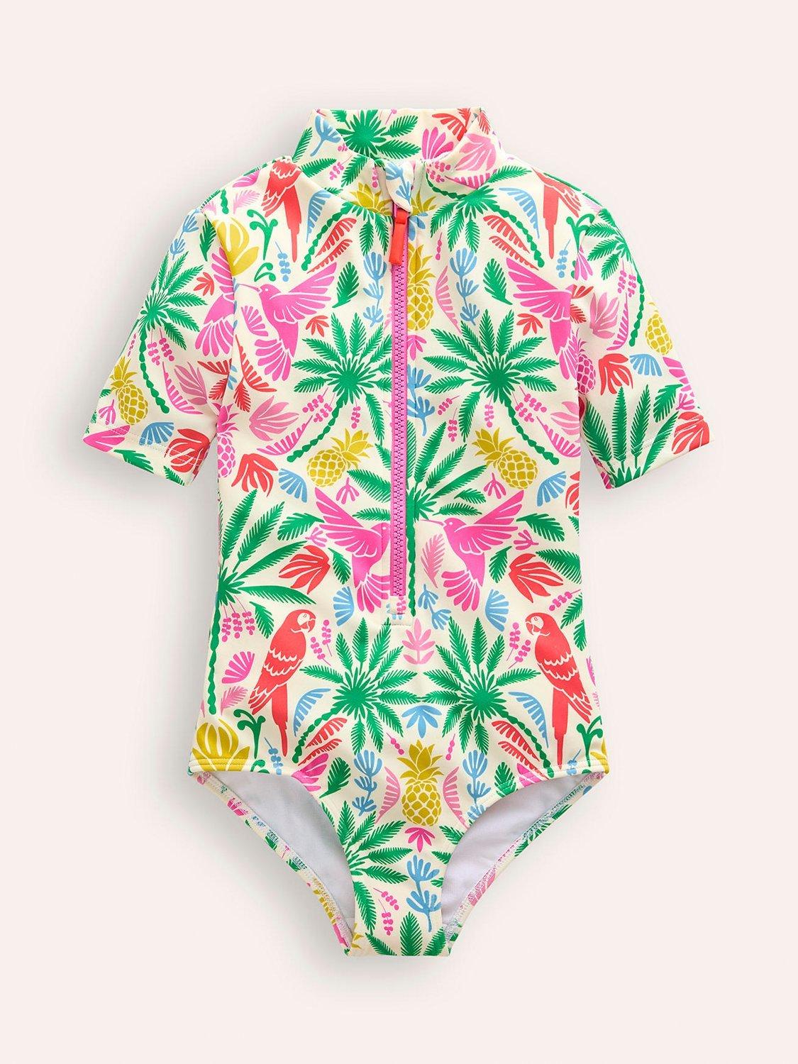 Mini Boden Kids' Rainbow Palm Print Short Sleeve Swimsuit, Multi