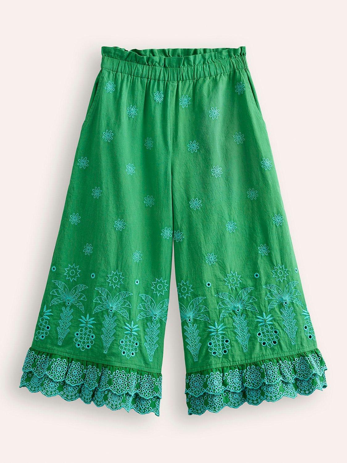 Mini Boden Kids' Broderie Wide Leg Trousers, Highland Green