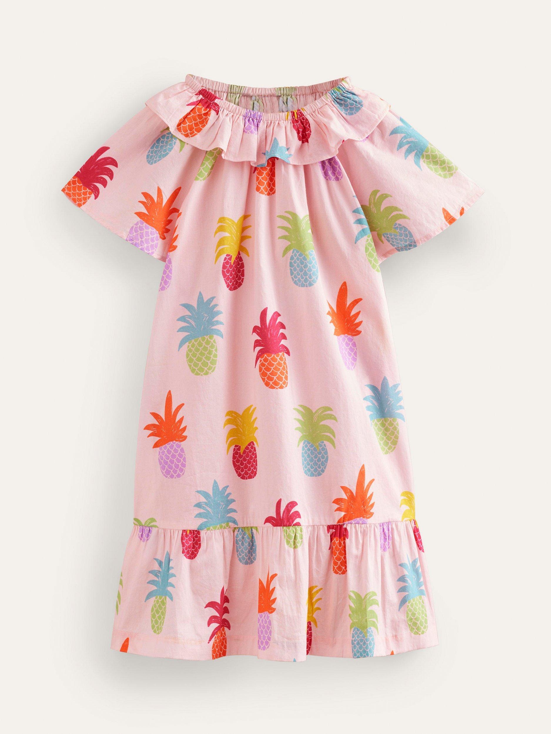 Mini Boden Kids' Pineapple Print Frill Neck Woven Dress, Pink