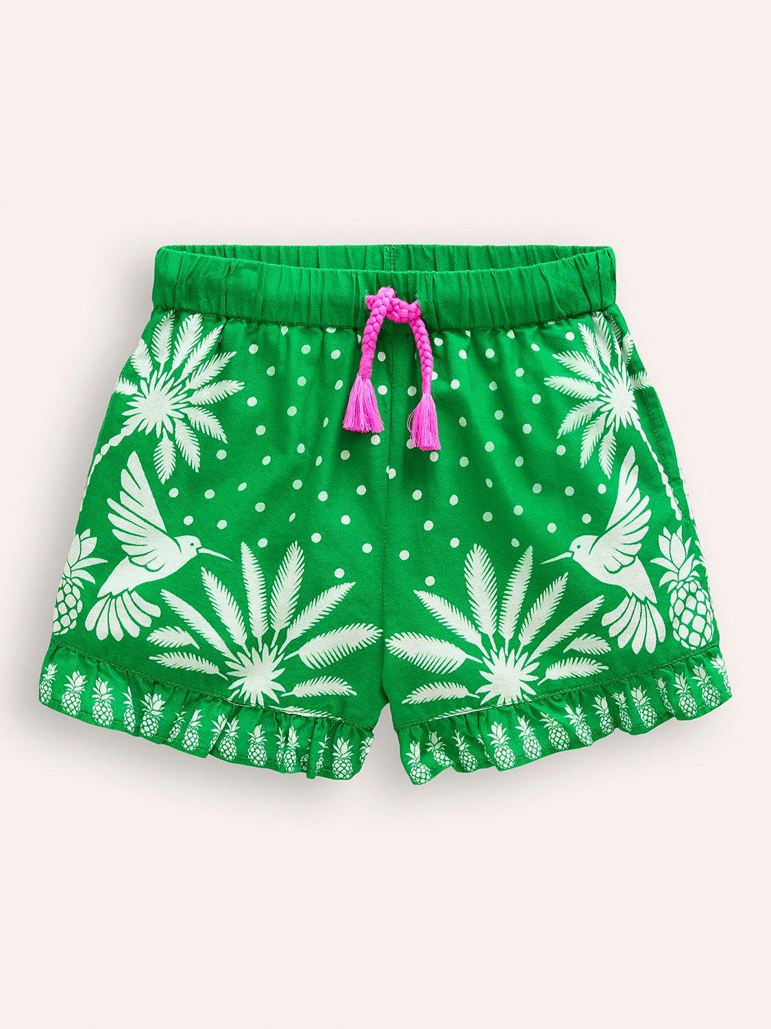 Mini Boden Kids' Palm Tree Spot Frill Hem Shorts, Bean Green