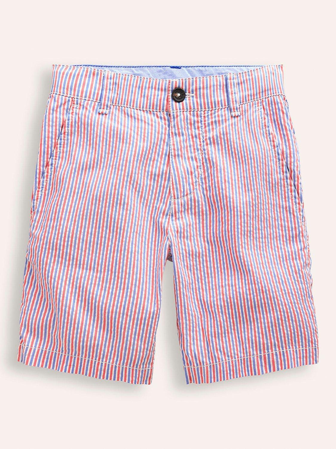 Mini Boden Kids' Seersucker Stripe Chino Shorts, Jam Red/Blue