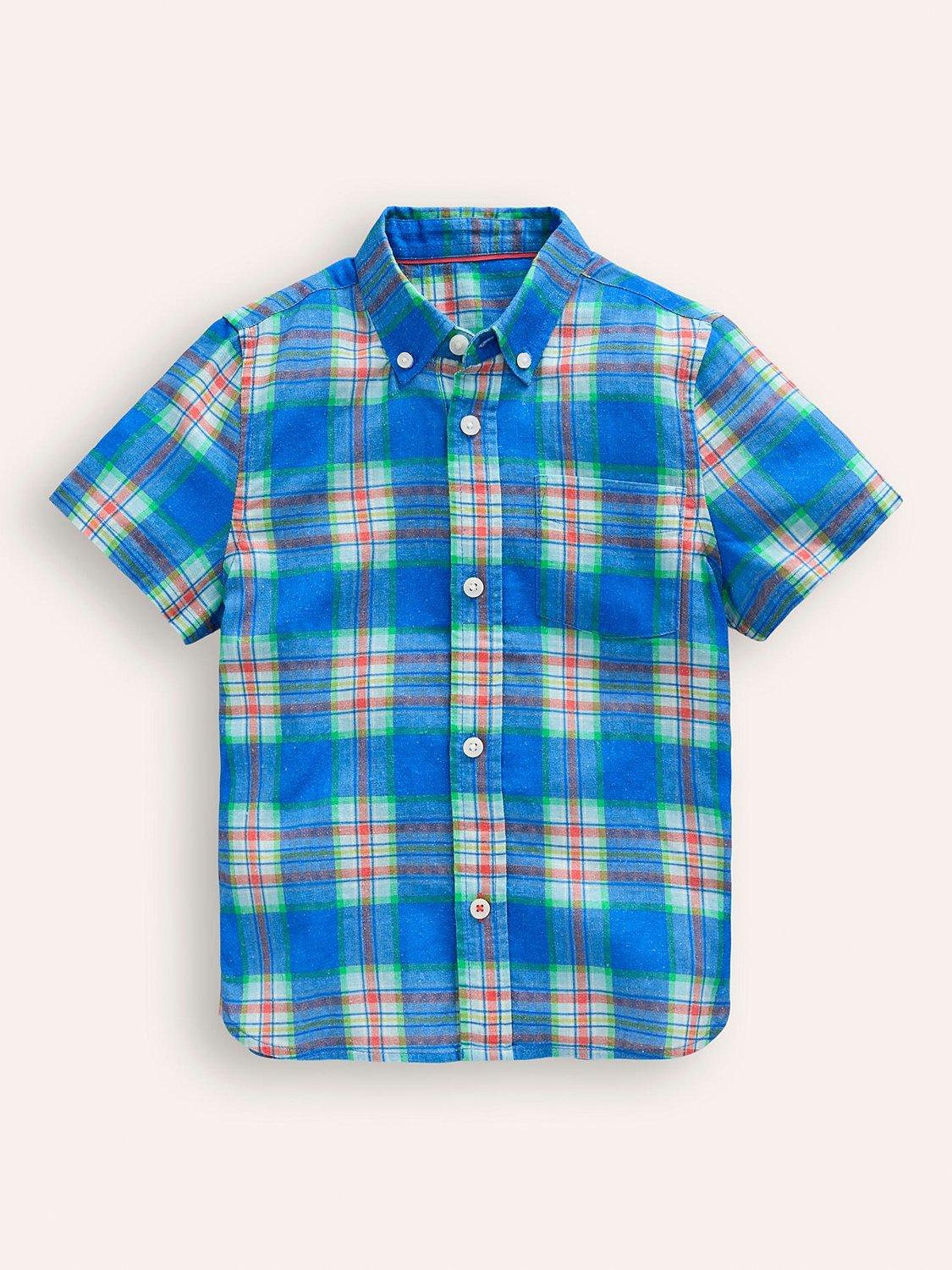 Mini Boden Kids' Checked Cotton Linen Blend Short Sleeve Shirt, Blue/Multi