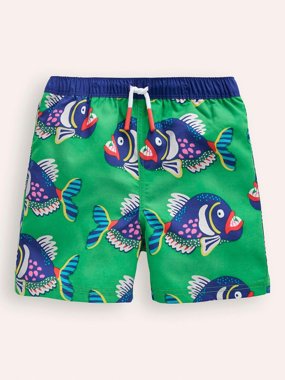 Mini Boden Kids' Piranhas Print Swim Shorts, Green