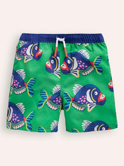 Mini Boden Kids' Piranhas Print Swim Shorts, Green, Green