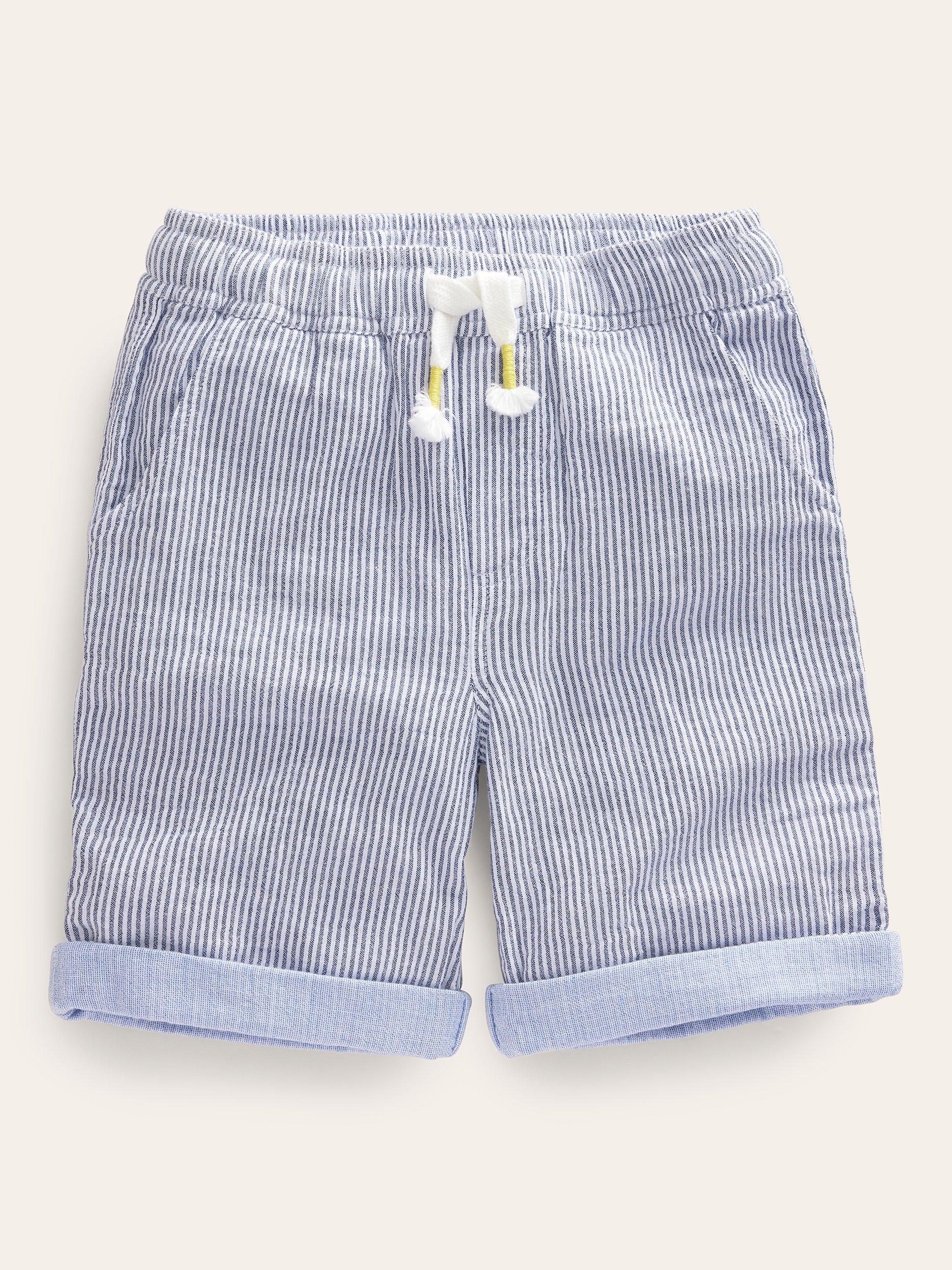 Mini Boden Kids' Stripe Drawstring Lightweight Holiday Shorts, College Navy Ticking
