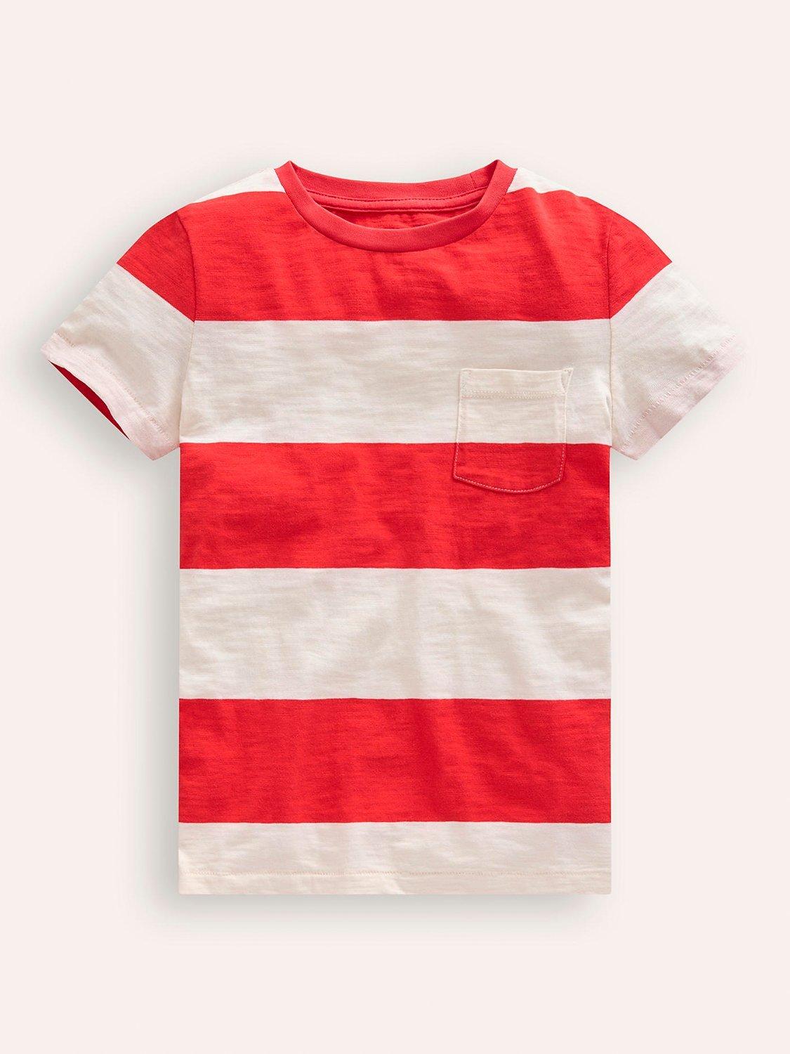 Product image 1 of 3, which shows Mini Boden Kids' Wide Stripe Washed Slub T-Shirt, Poppy Red/Ivory, 12-18 months
