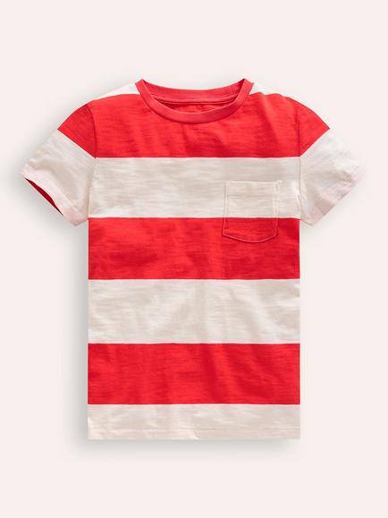 Mini Boden Kids' Wide Stripe Washed Slub T-Shirt, Poppy Red/Ivory, Poppy Red/Ivory