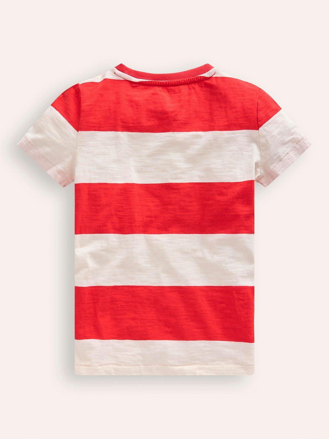 Product image 2 of 3, which shows Mini Boden Kids' Wide Stripe Washed Slub T-Shirt, Poppy Red/Ivory, 12-18 months