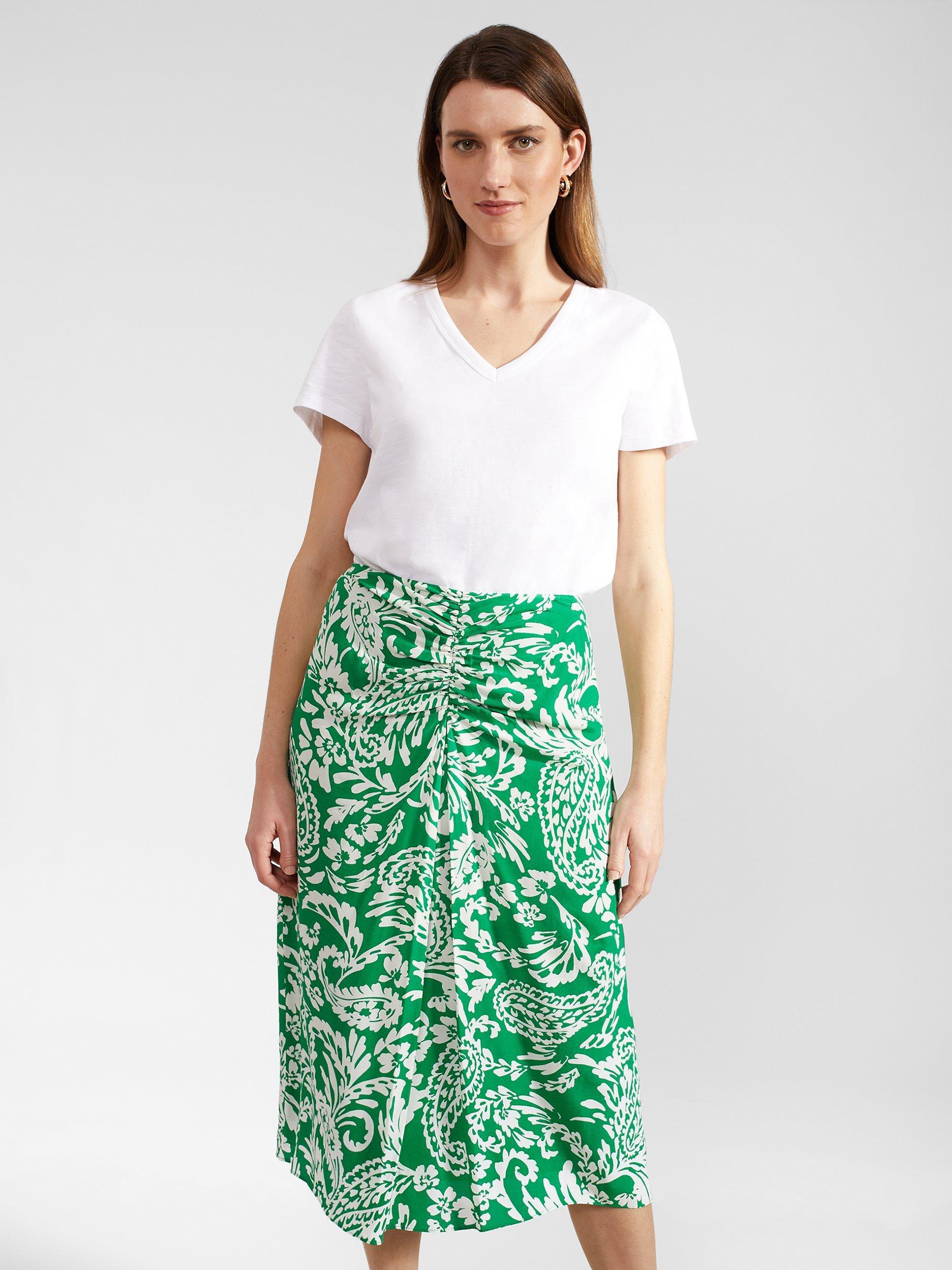 Product image 3 of 5, which shows Hobbs Cassidy Paisley Print Skirt, Green/Ivory, 10