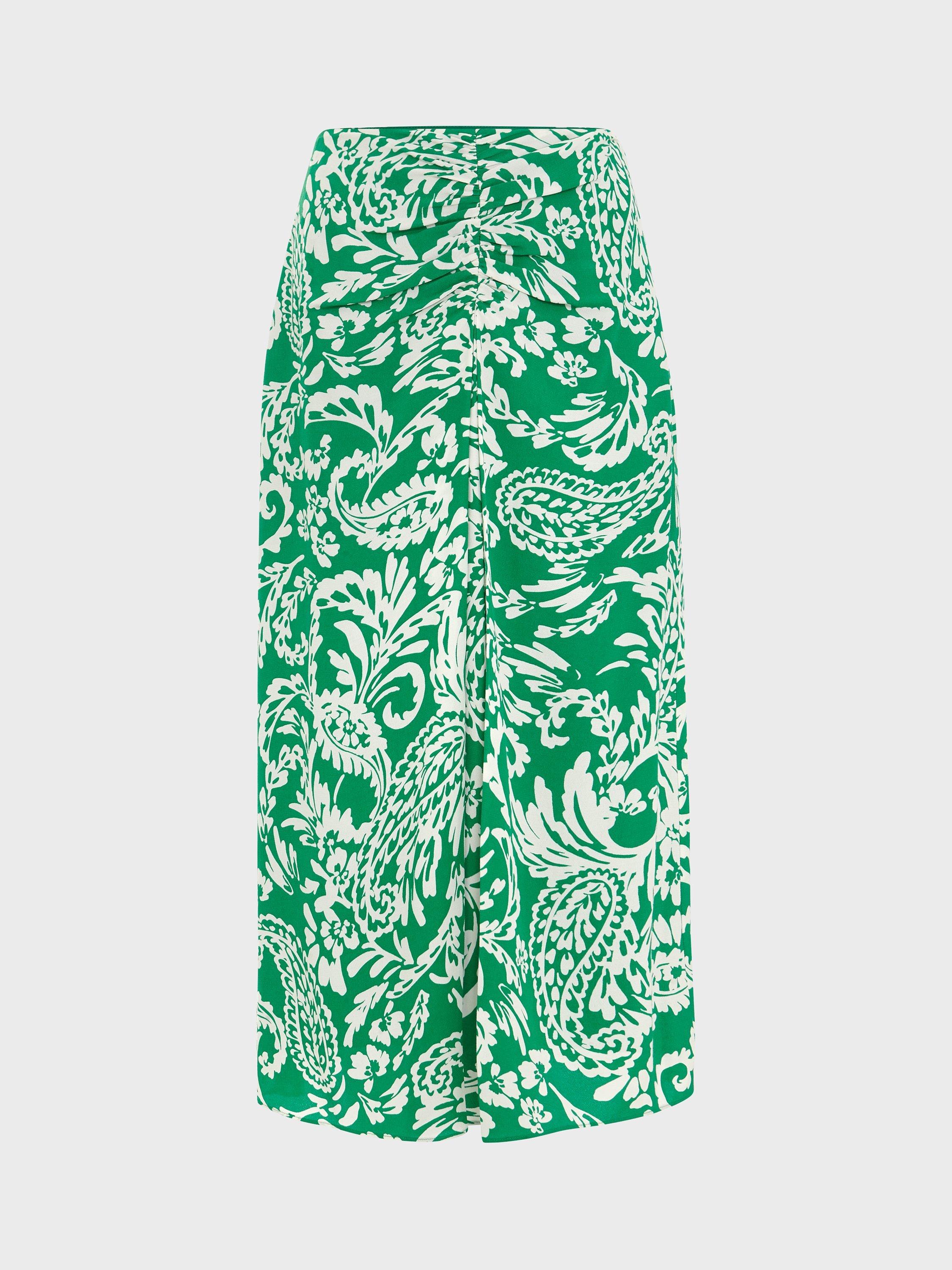 Product image 5 of 5, which shows Hobbs Cassidy Paisley Print Skirt, Green/Ivory, 10
