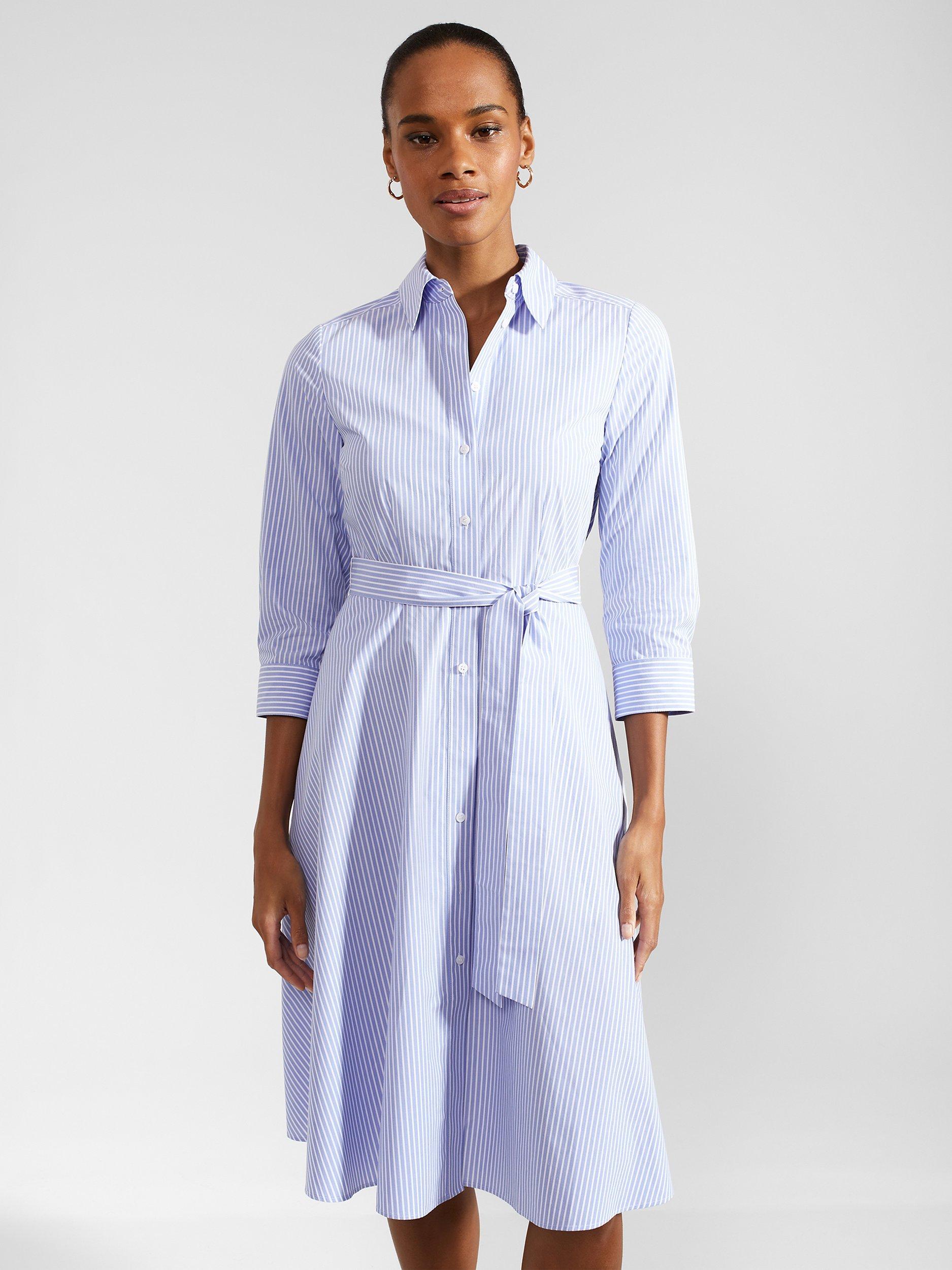 Product image 4 of 6, which shows Hobbs Harlow Cotton Knee Length Shirt Dress, Blue/Ivory, 14