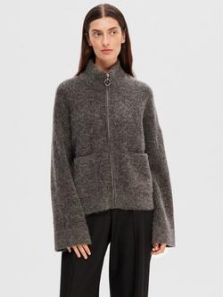 SELECTED FEMME Sia Wool Blend Zip Through Cardigan, Medium Grey, Medium Grey