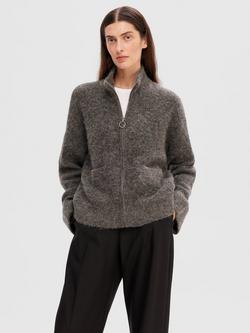 SELECTED FEMME Sia Wool Blend Zip Through Cardigan, Medium Grey - view 2, Medium Grey