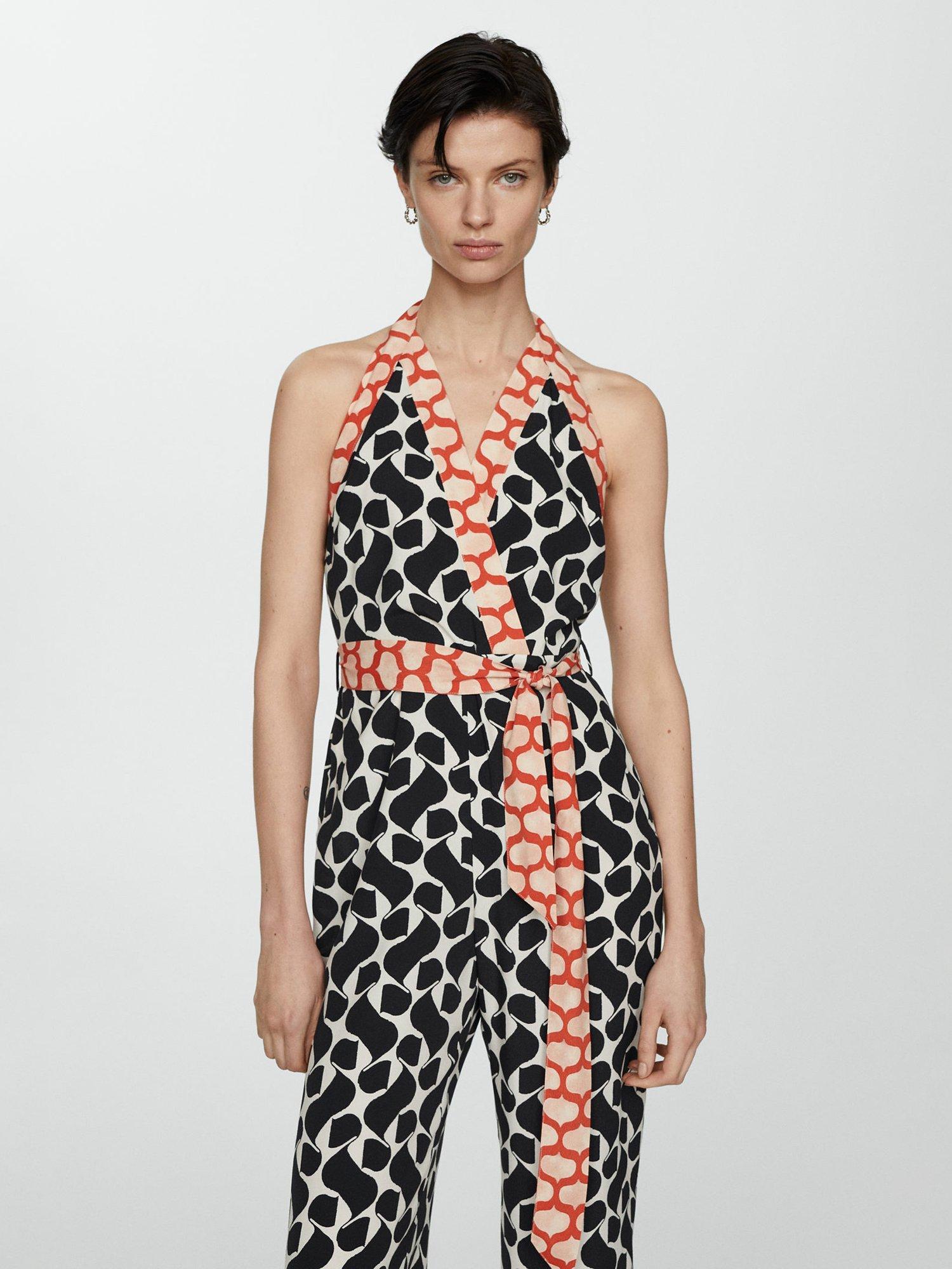 Mango Cosim Abstract Print Bow Detail Halterneck Jumpsuit, Black/Multi