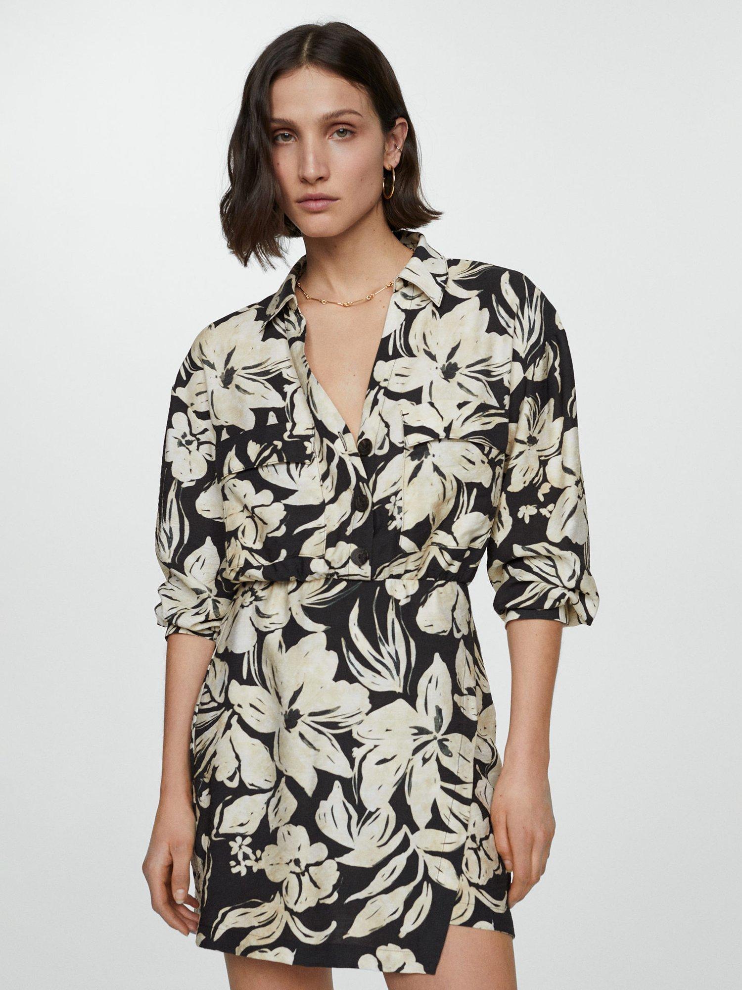 Mango Ecuador Floral Mini Wrap Shirt Dress, Black/Cream