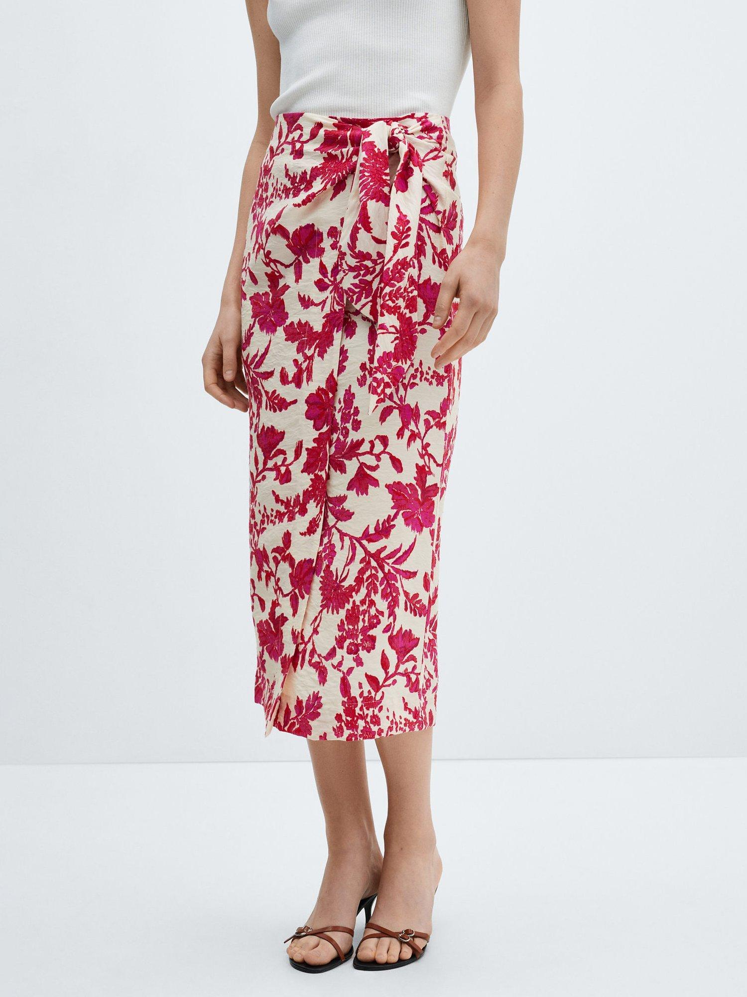 Mango Floral Midi Wrap Pareo Skirt, Bright Red/White
