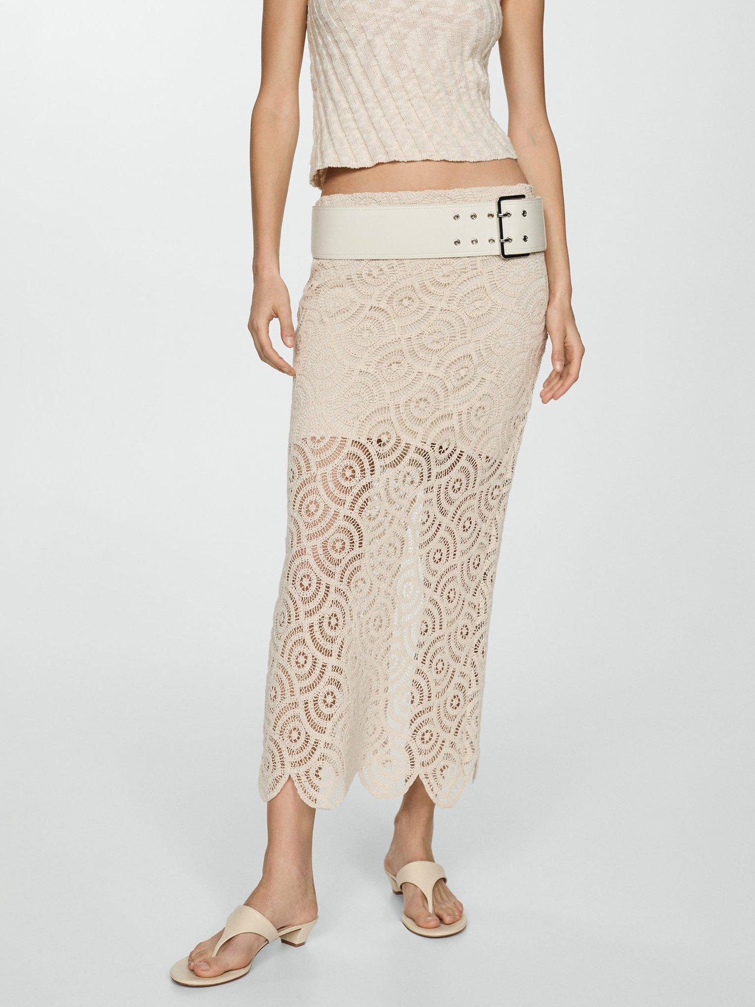 Mango Jamie Crochet Midi Skirt, Light Beige