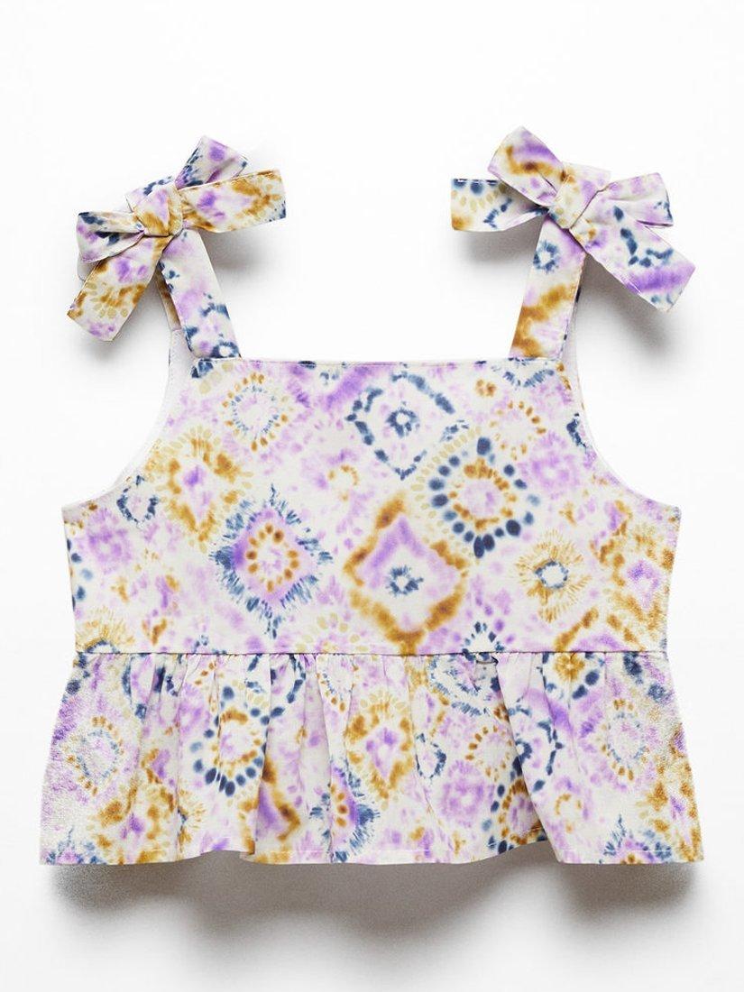 Mango Kids' Melinda Ikat Print Bow Detail Top, Light Pastel Purple