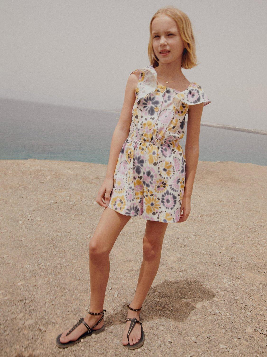 Mango Kids' Thais Floral Print Playsuit, Medium Yellow