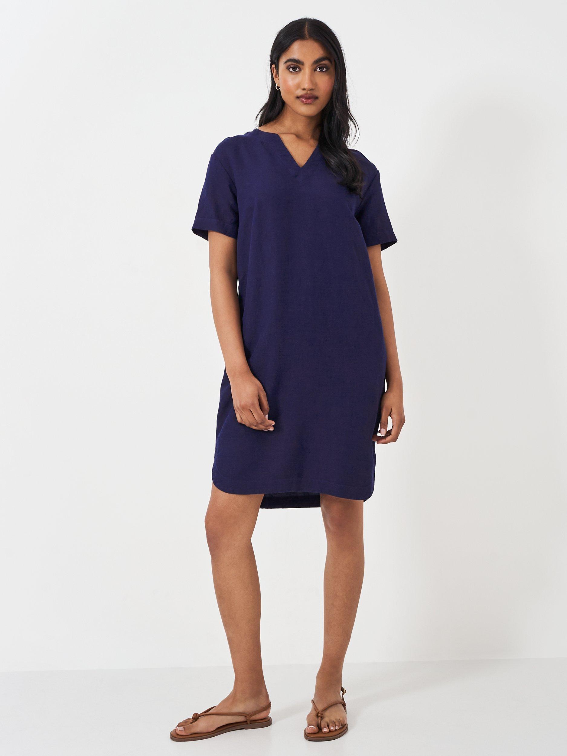 Crew Clothing Lea Linen Blend Shift Dress Navy Blue