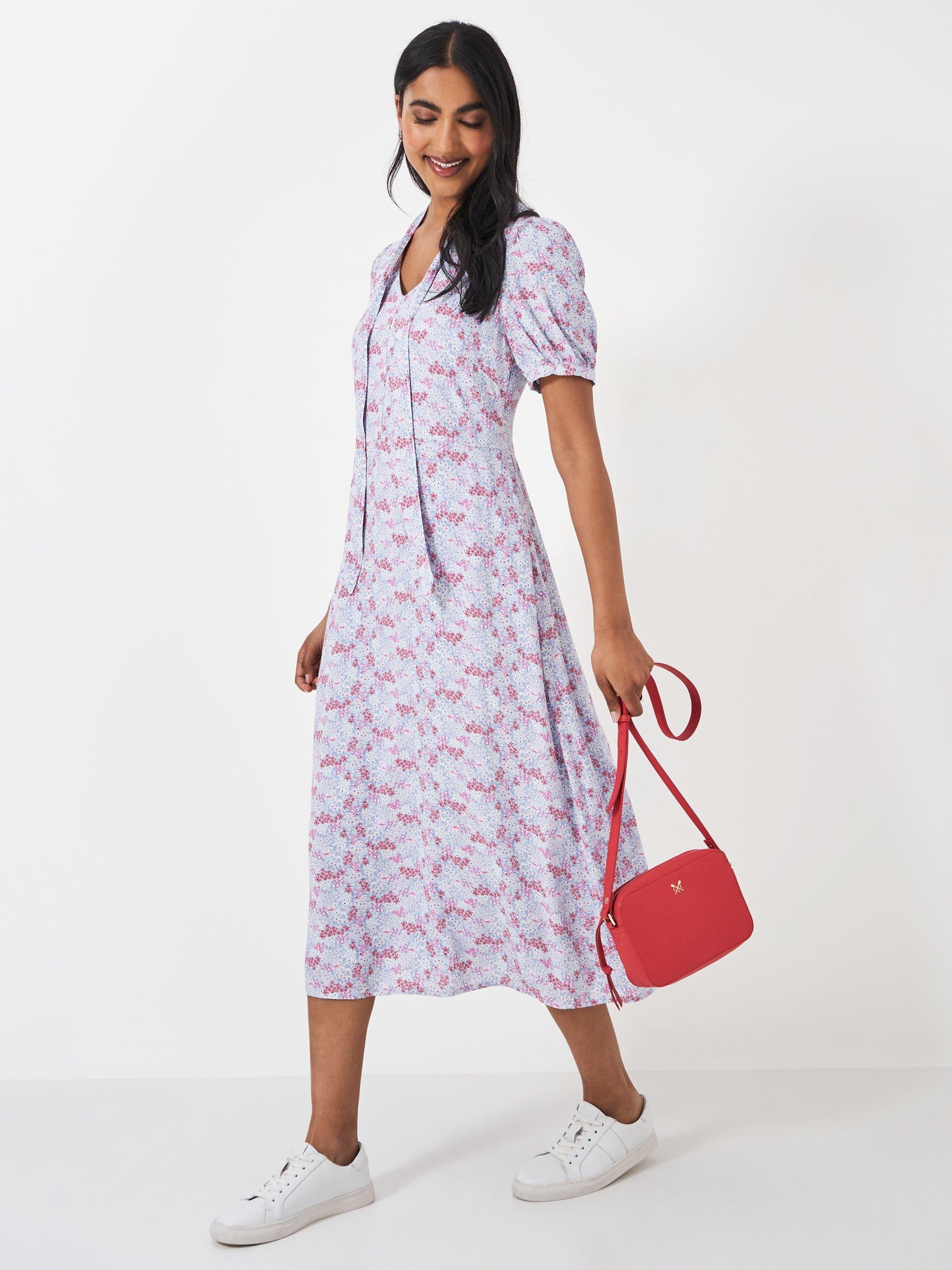 Crew Clothing Laurie Tie Neck Tea Dress, Purple/Multi