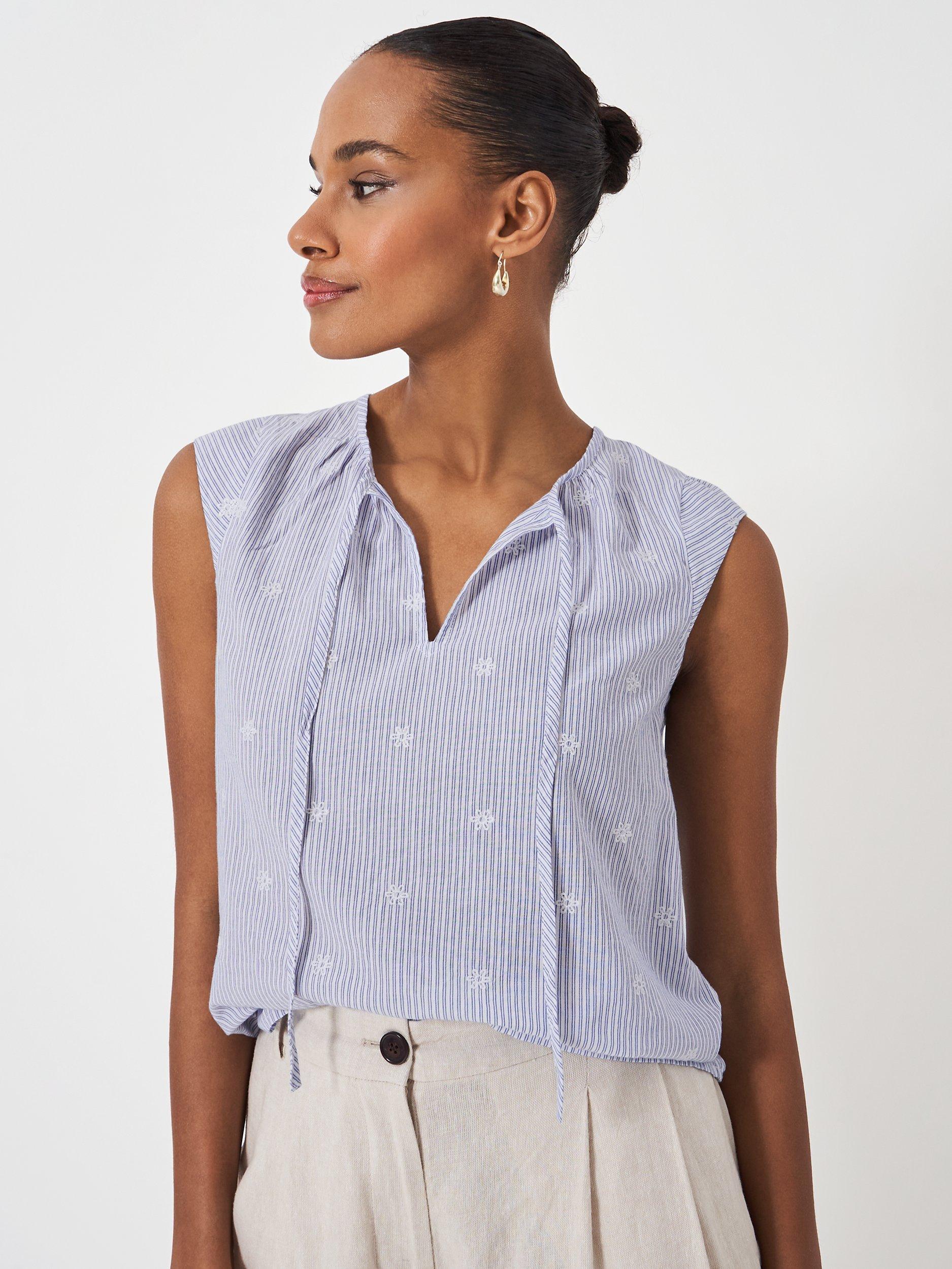 Crew Clothing Stripe Floral Embroidered Top, Blue/White