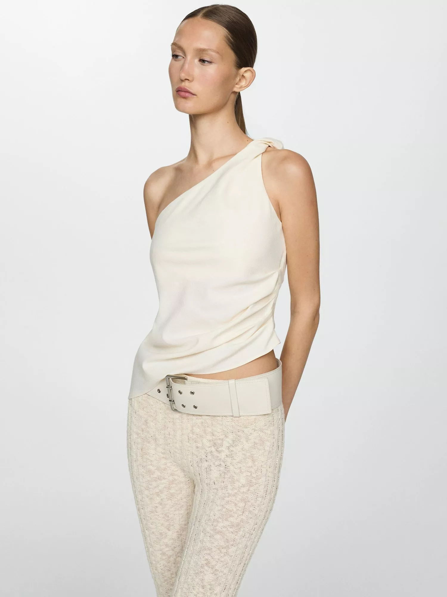 Mango Asymmetrical One Shoulder Textured Top Cream