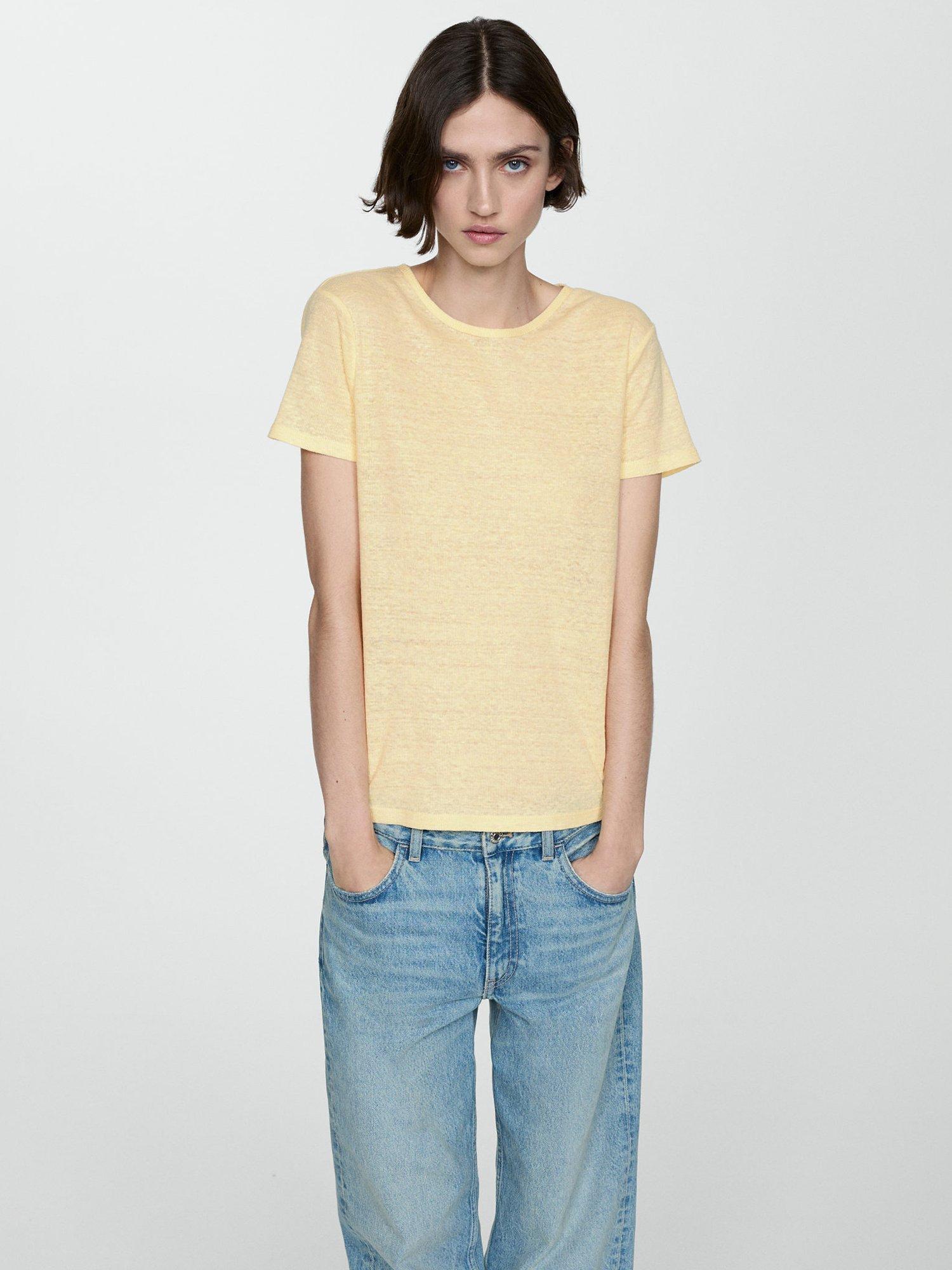 Mango Leno Linen T-Shirt, Yellow
