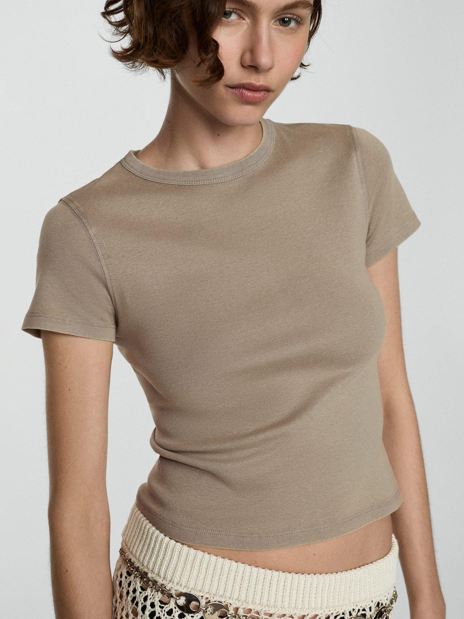 Mango Zani Crew Neck Cotton T-Shirt, Beige