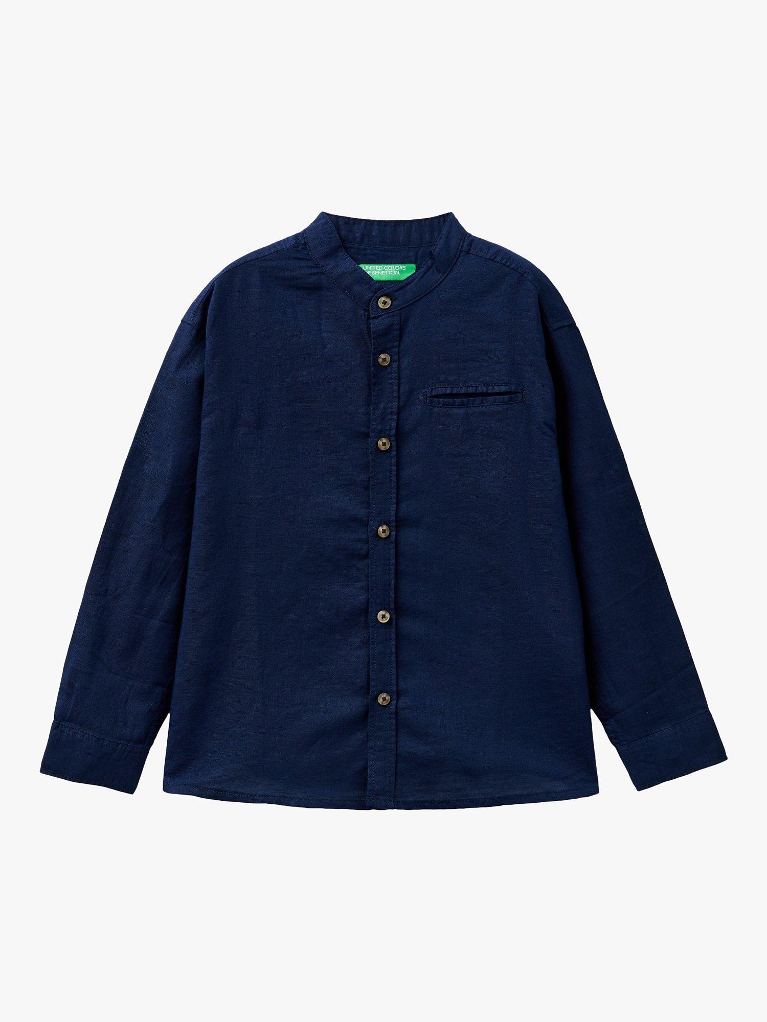 Benetton Kids' Linen Blend Long Sleeve Grandad Collar Shirt, Night Blue