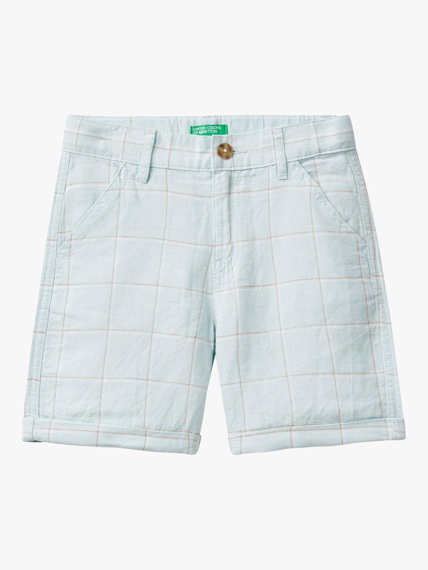 Benetton Kids' Checked Linen Cotton Blend Shorts, Blue/Multi