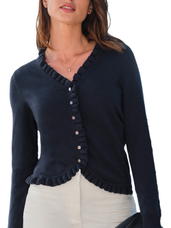 Pure Collection Ruffle Pure Cashmere Cardigan, Navy