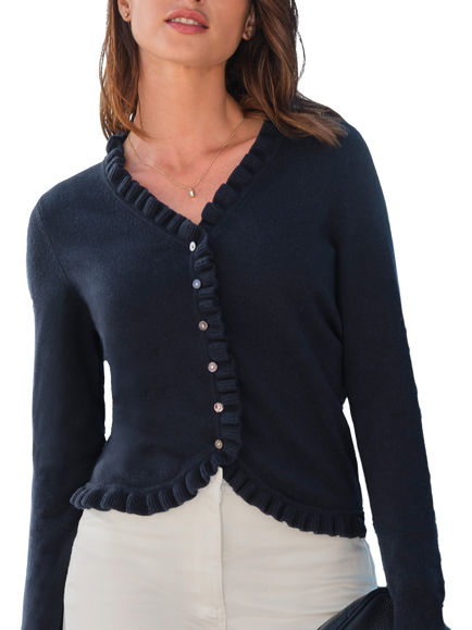 Pure Collection Ruffle Pure Cashmere Cardigan, Navy