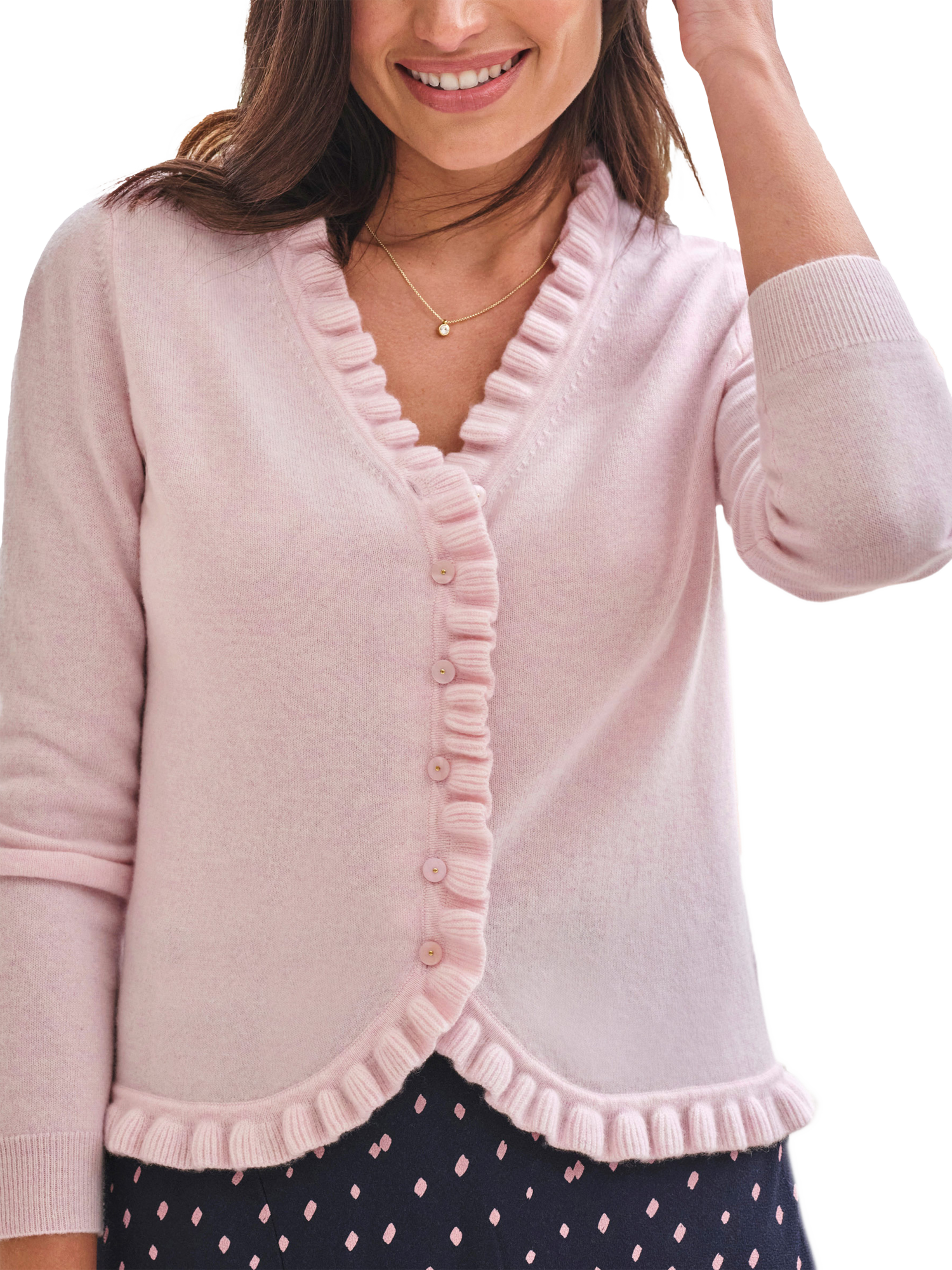 Product image 1 of 2, which shows Pure Collection Ruffle Pure Cashmere Cardigan, Rosemist, 8