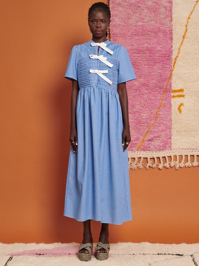 GHOSPELL Ace Stripe Contrast Tie Midi Dress, Blue