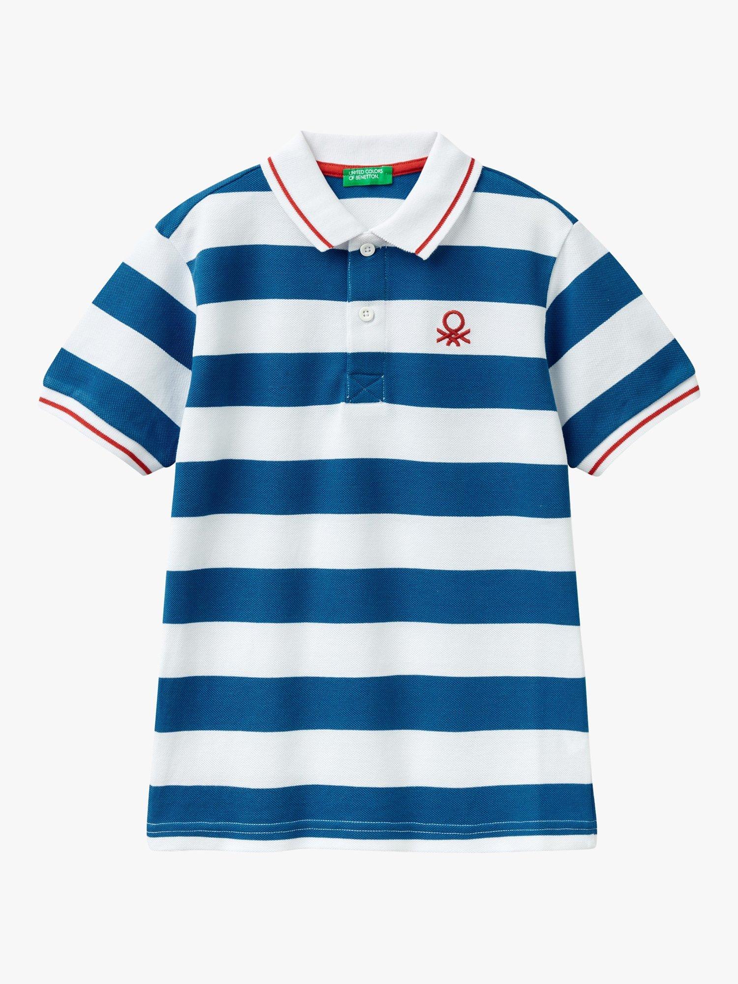 Benetton Kids' Stripe Short Sleeve Polo Shirt, Blue/Multi