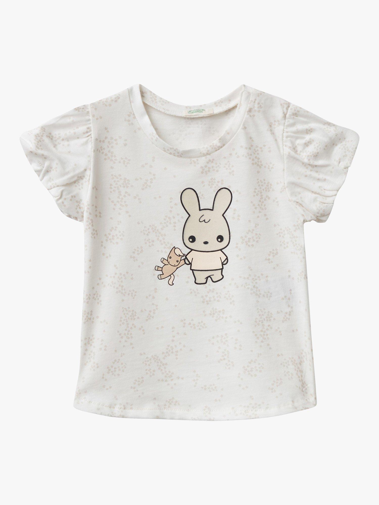Benetton Baby Bunny Print Puff Sleeve T-Shirt, White Cream