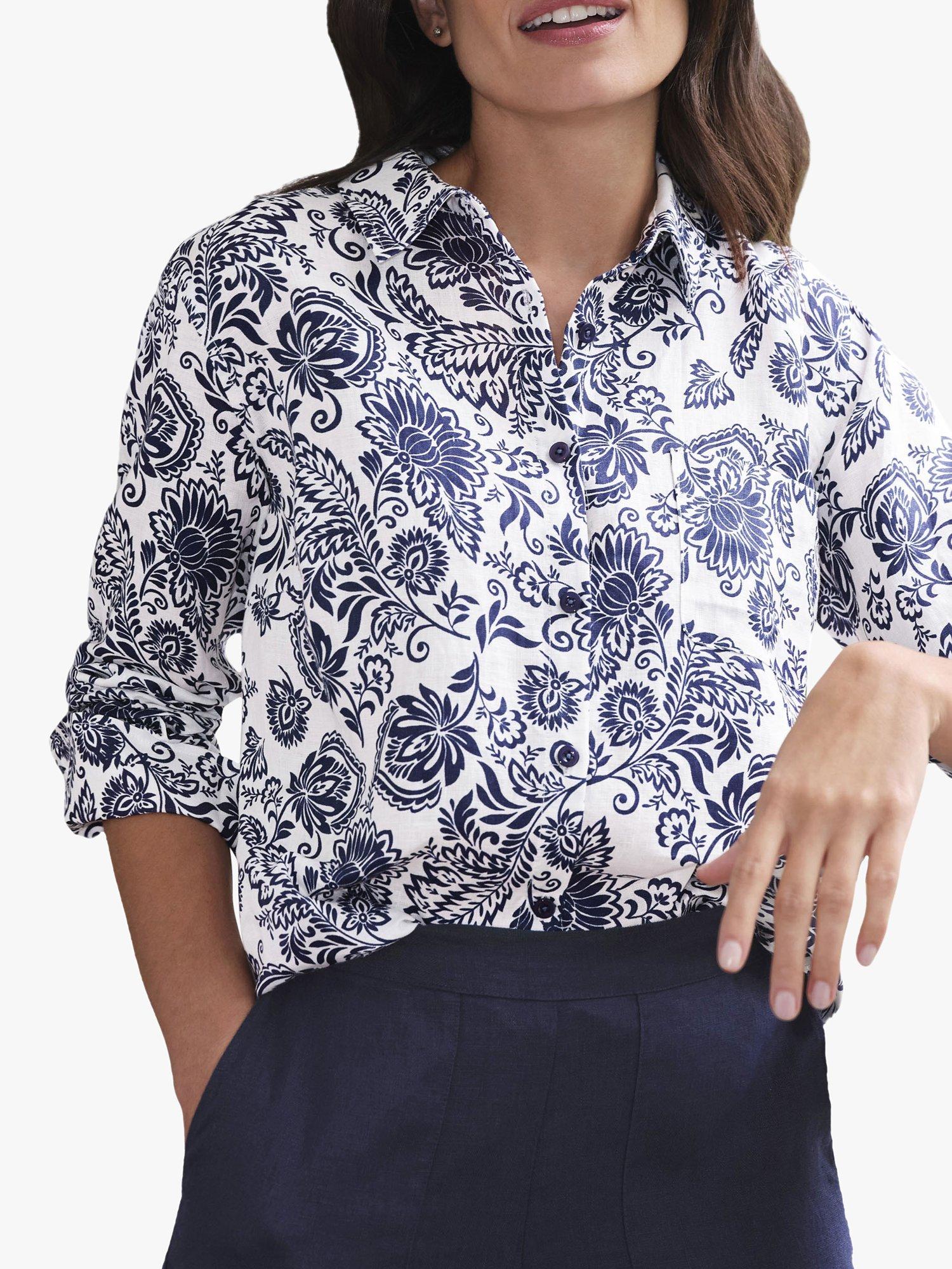 Product image 1 of 3, which shows Pure Collection Leaf Print Linen Shirt, White/Blue, 10