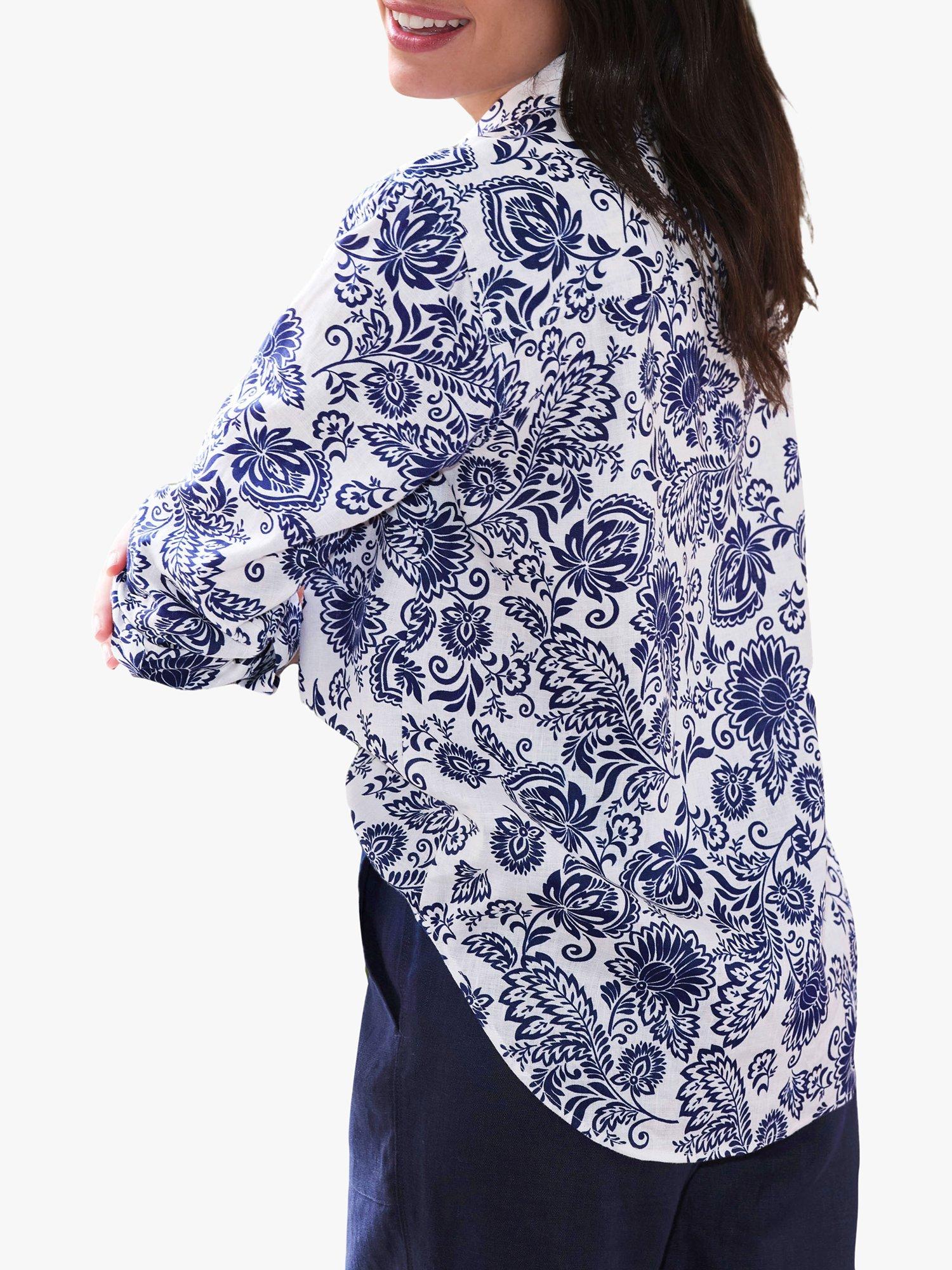 Product image 2 of 3, which shows Pure Collection Leaf Print Linen Shirt, White/Blue, 10