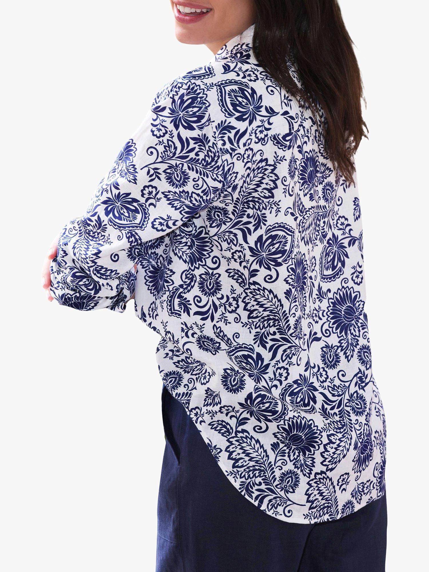 Pure Collection Leaf Print Linen Shirt, White/Blue, 10