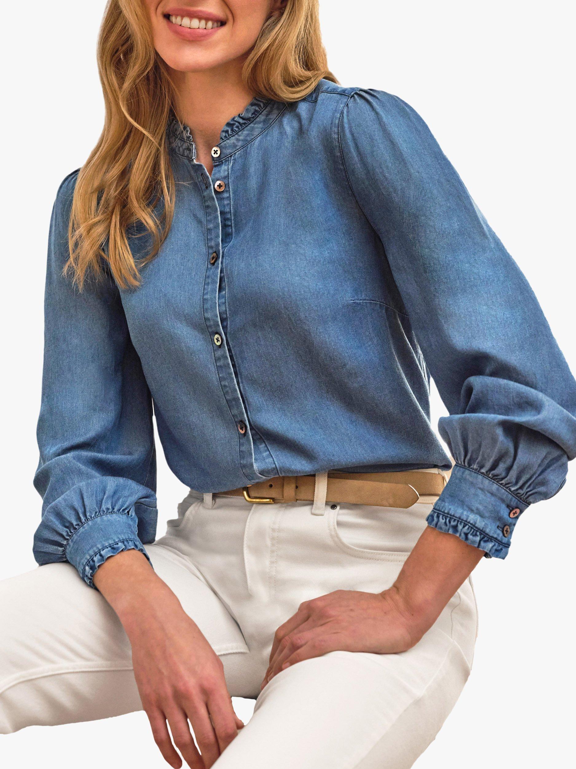 Product image 1 of 3, which shows Pure Collection Denim Frill Shirt, Denim, 10
