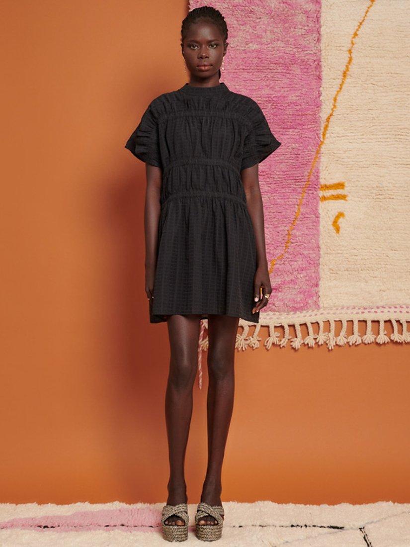 GHOSPELL Yasmin Ruched Linen Blend Mini Dress, Black